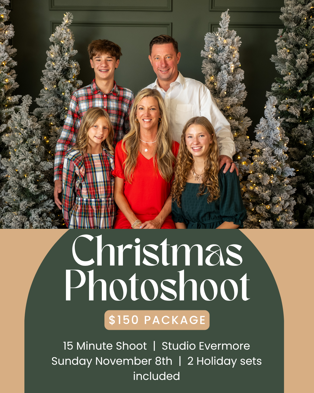 Family of five posing for a Christmas photoshoot package at Studio Evermore with holiday trees for $150.