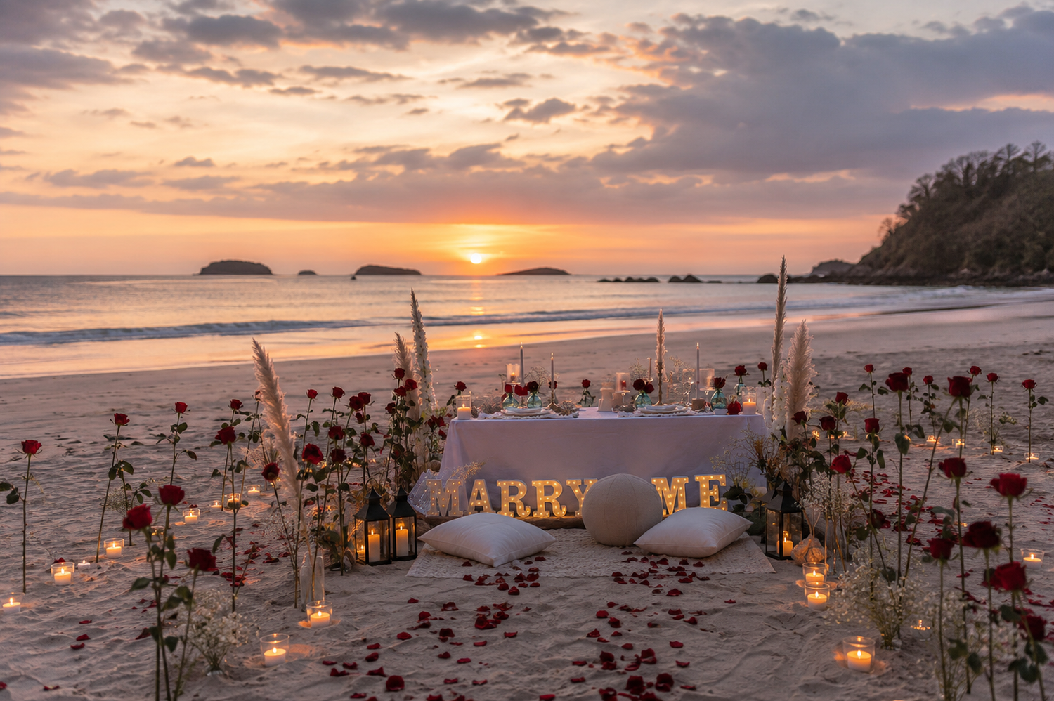 Romantic beach proposal setup at sunset with red roses, candles, and a glowing "Marry Me" sign on sandy shore.
