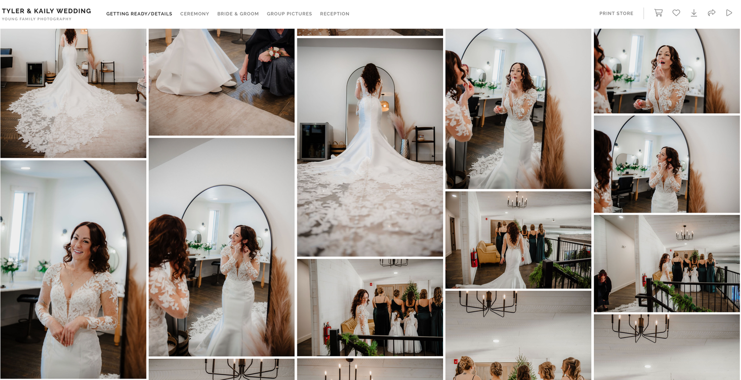 Bride in a stunning white ball gown wedding dress posing in a bright bridal boutique during her fitting.