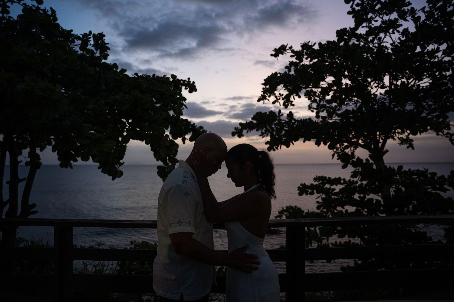 Silhouette of a romantic couple embracing at sunset by the ocean, framed by tropical trees at dusk.
