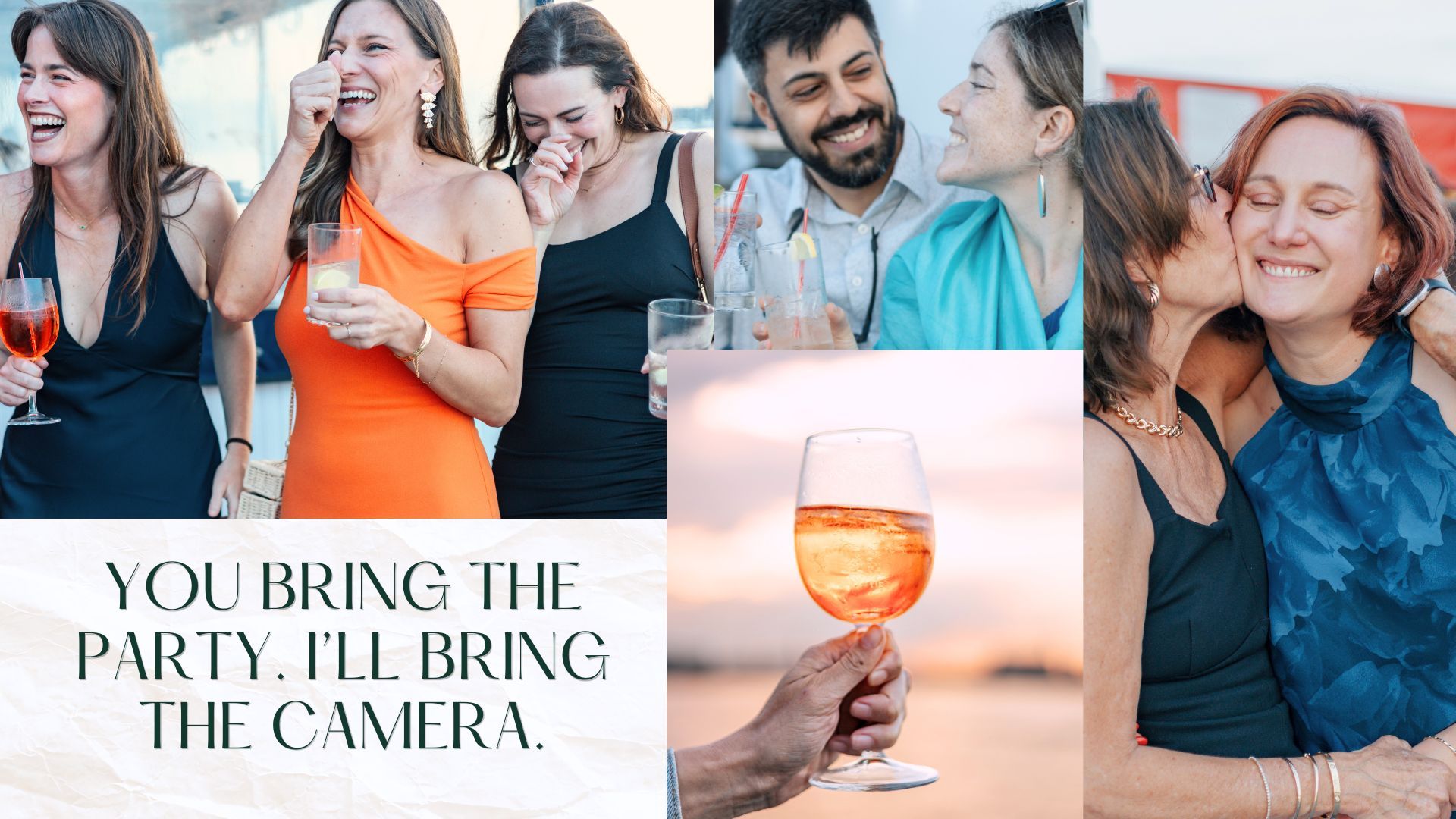 A collage of couples and friends celebrating at a party, with wine glasses and candid joyful moments captured by a photographer.