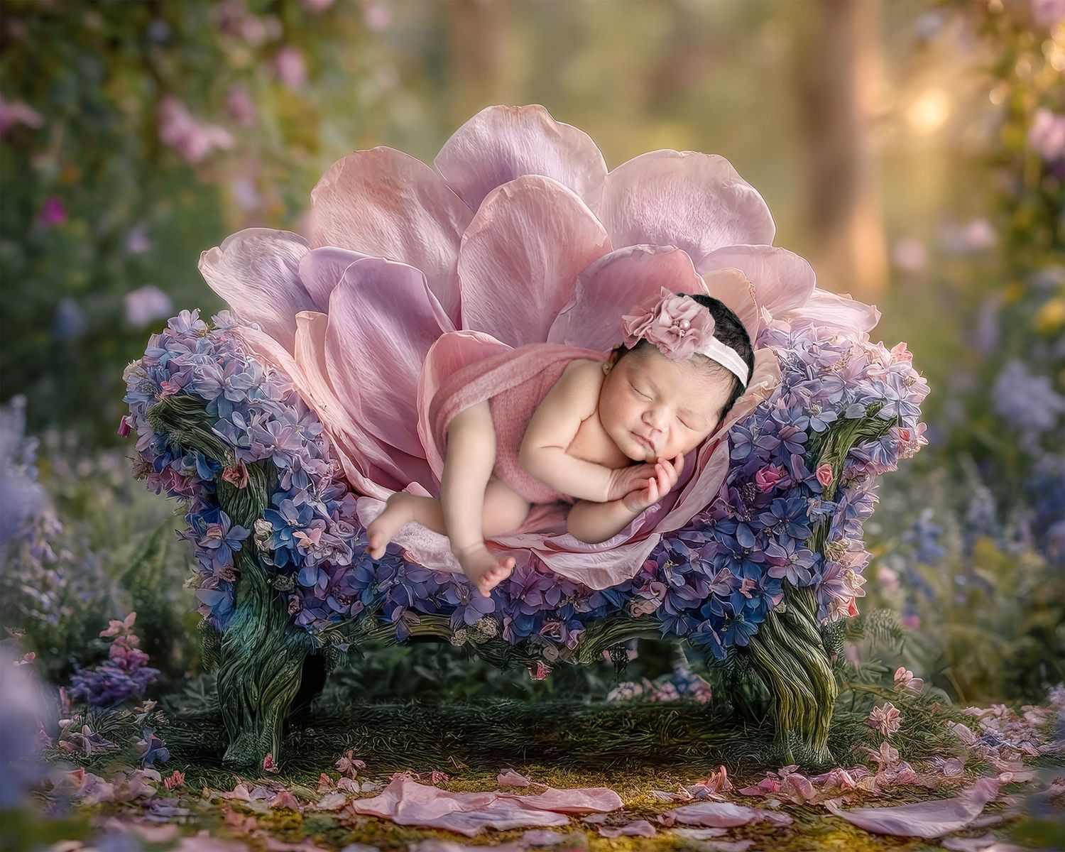 Newborn baby sleeping peacefully in a floral arrangement with pink hydrangeas and a large bloom backdrop.