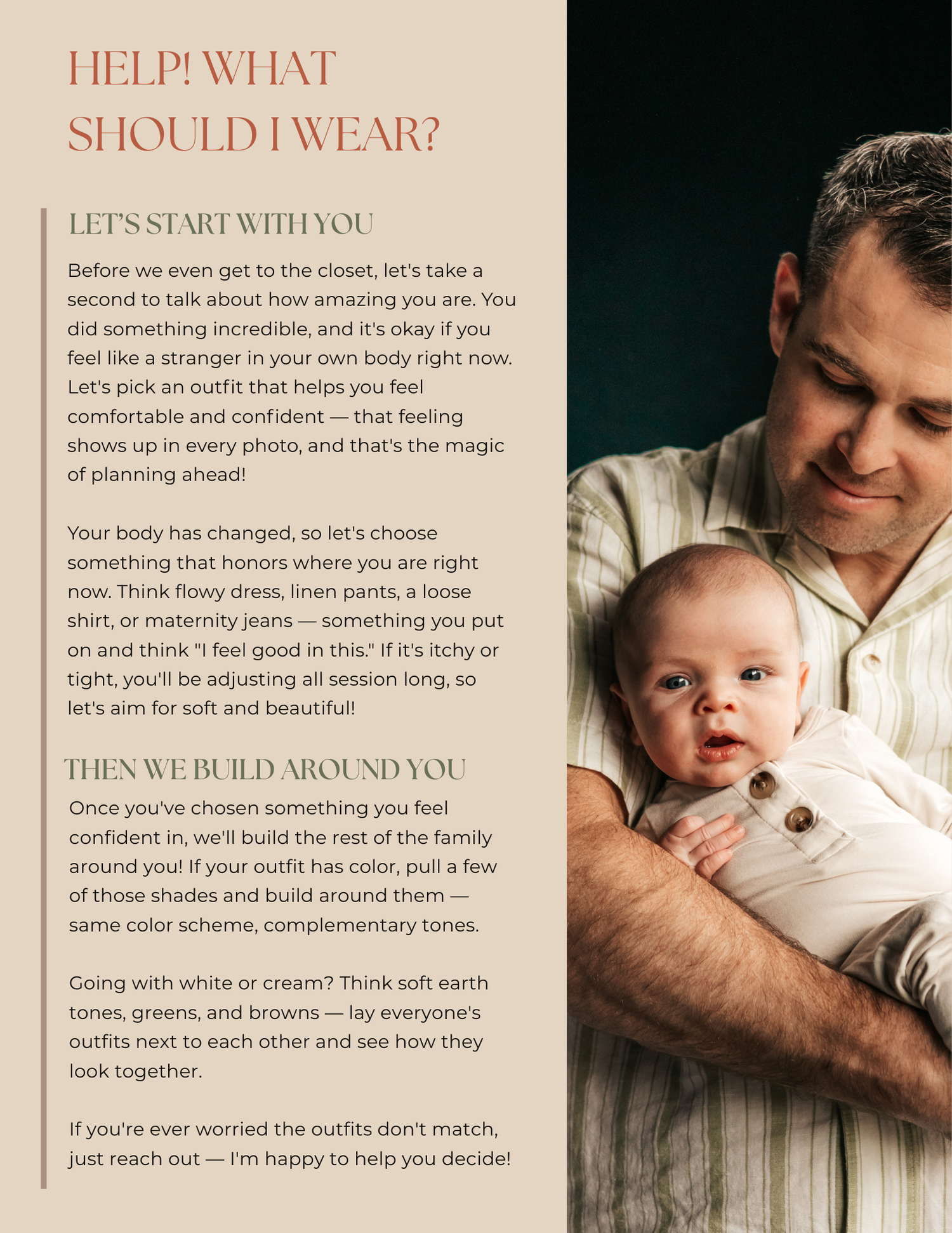 A father tenderly holds his newborn baby against his chest, with text overlay offering family photo outfit styling tips.