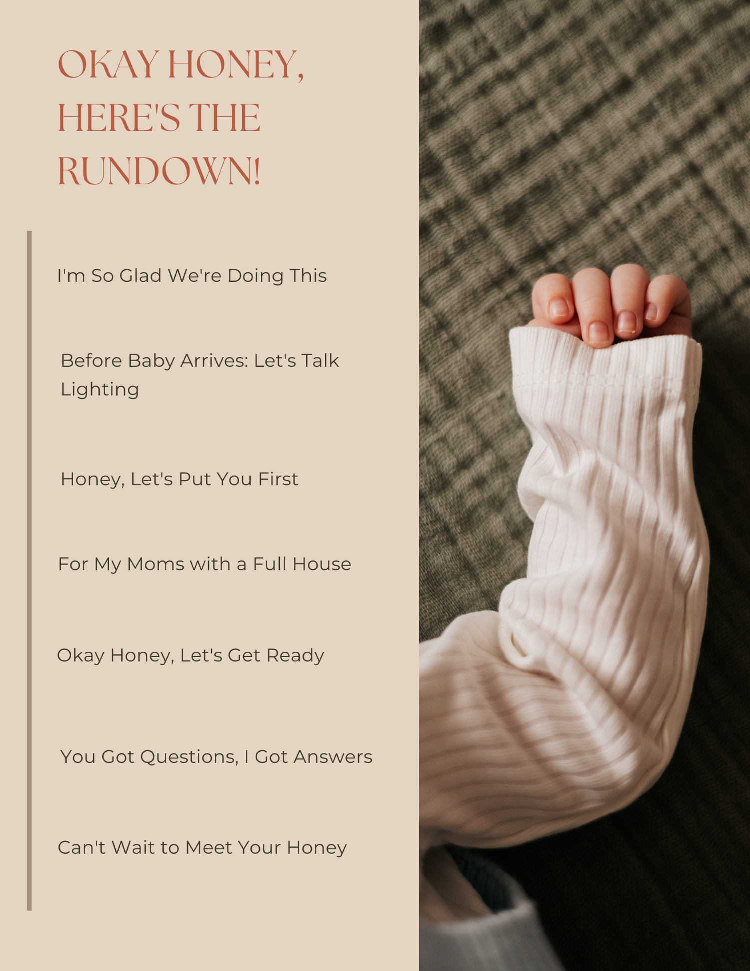 A newborn baby's tiny fist in a white ribbed sleeve beside a table of contents for a baby preparation guide.