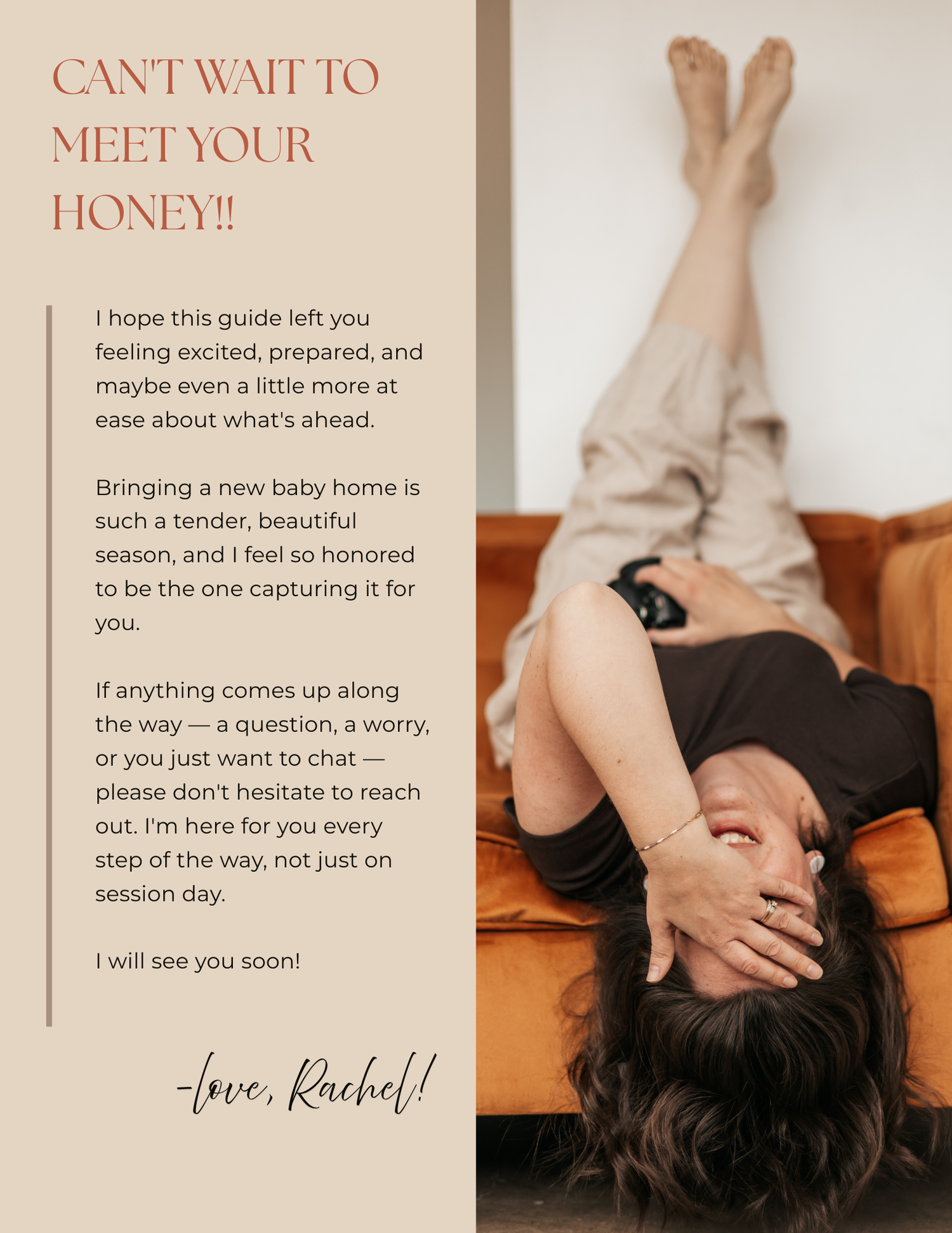 A woman in a black top reclines on an orange sofa with legs raised, beside text about meeting a new baby.