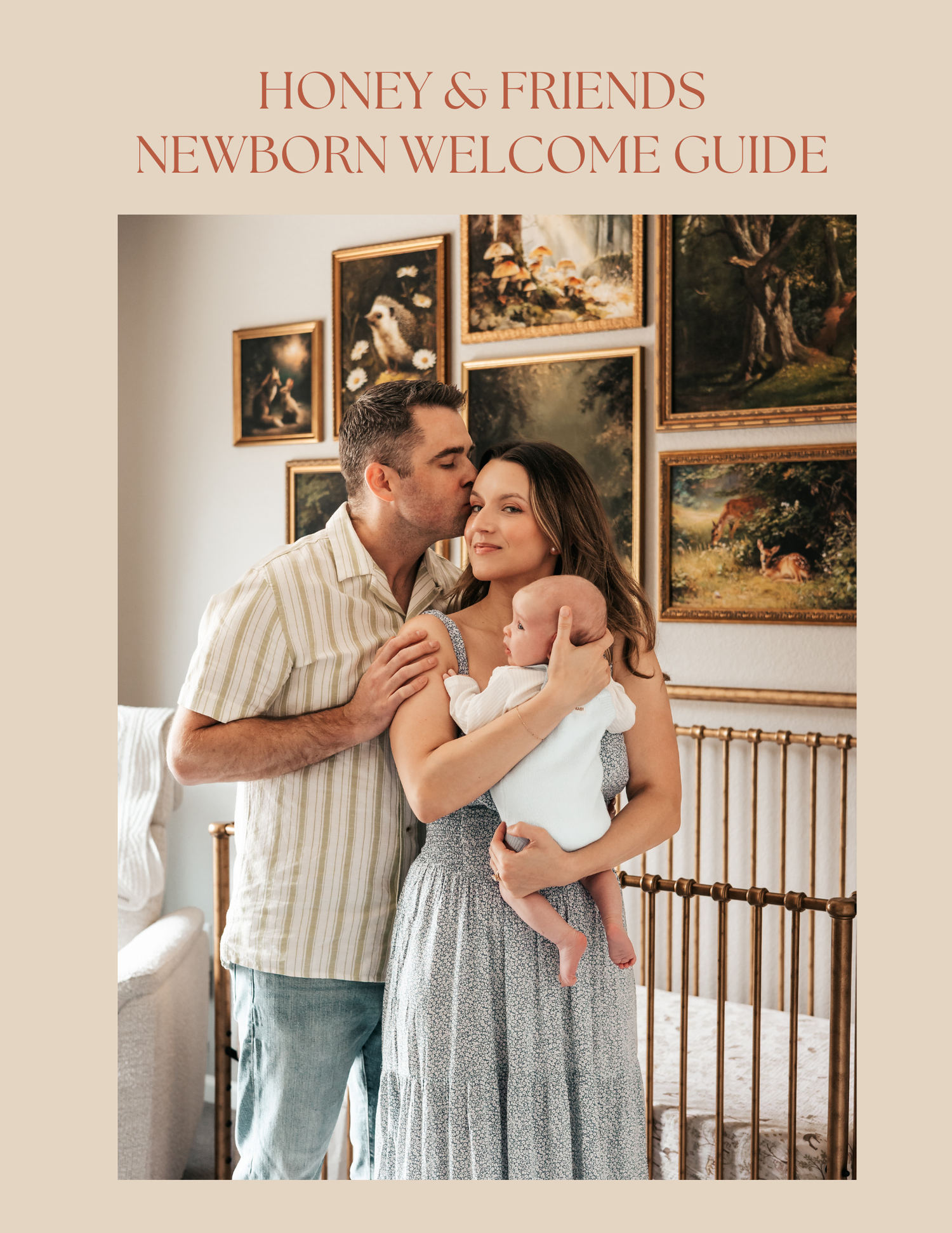 A couple holds their newborn baby in a nursery with framed art, featured in Honey & Friends Newborn Welcome Guide.