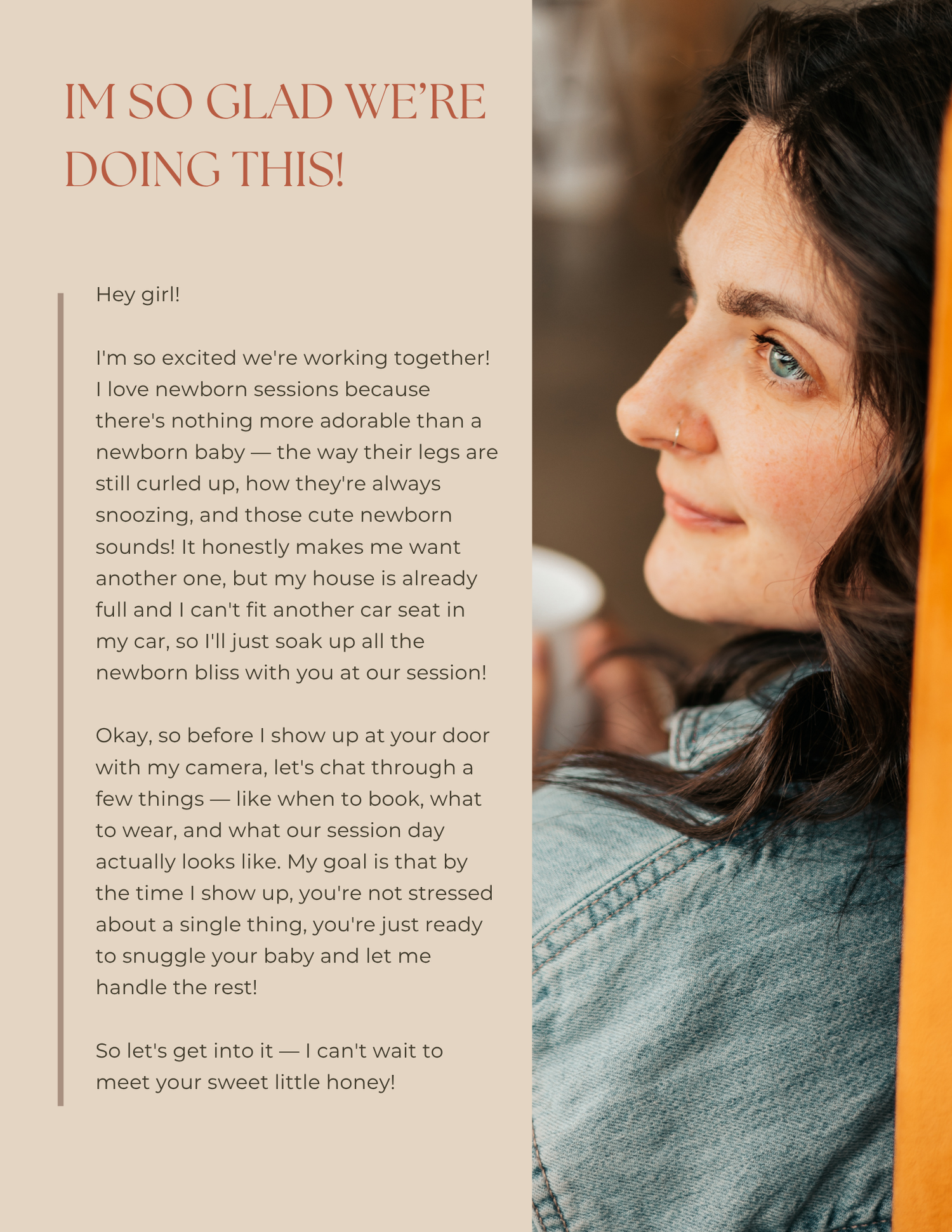 A warm newborn photography welcome guide page with a smiling red-haired female photographer.