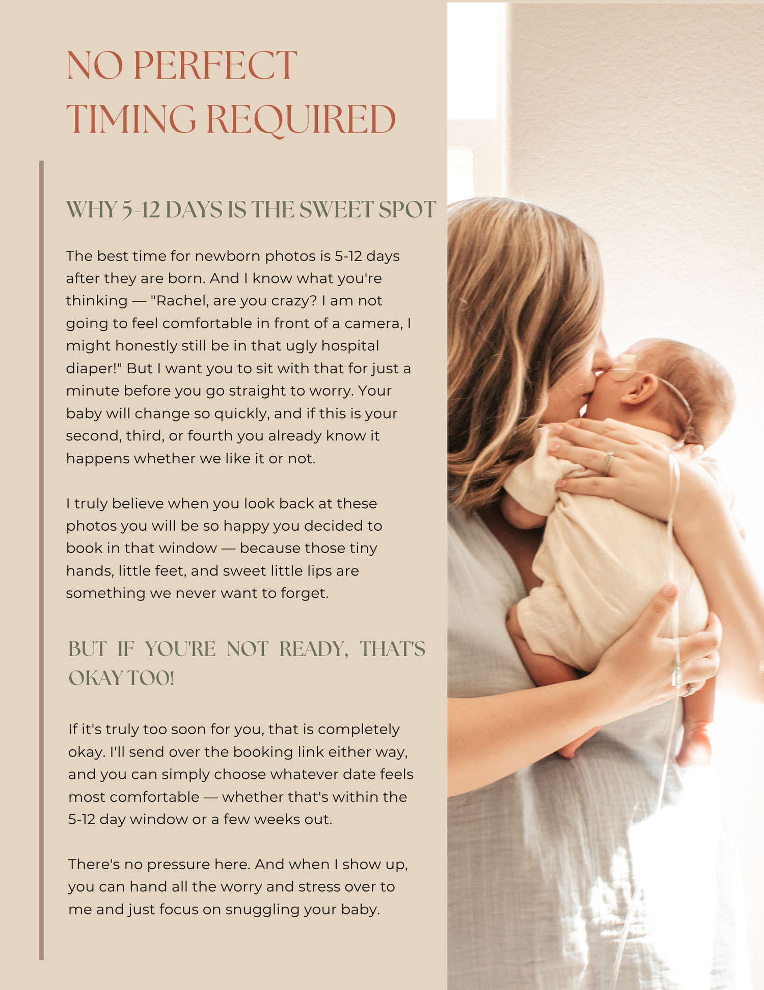 A newborn photography guide page titled No Perfect Timing Required with a mother holding her baby.