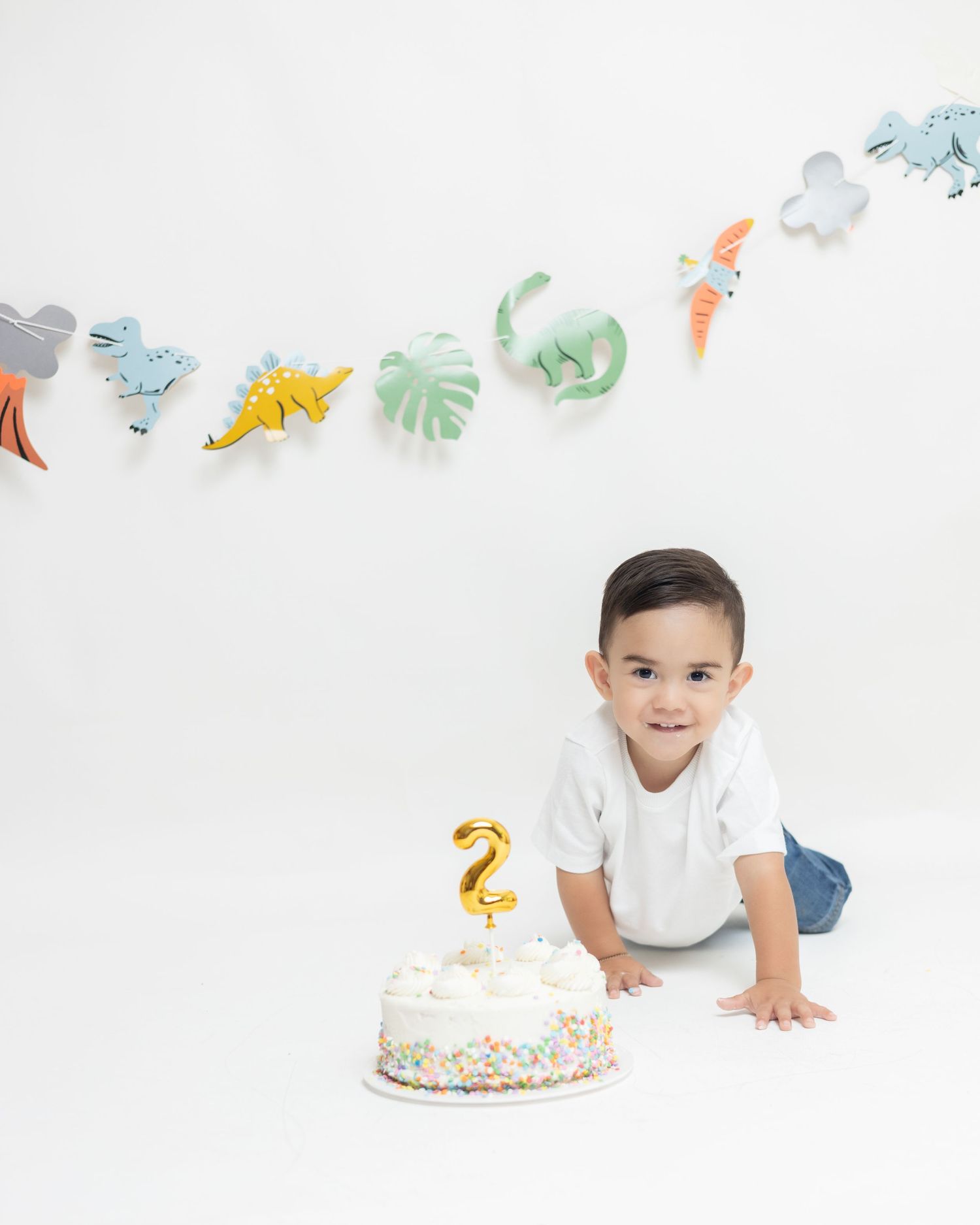 Toddler boy smiling beside a second birthday cake with gold number 2 candle, dinosaur banner on white background.