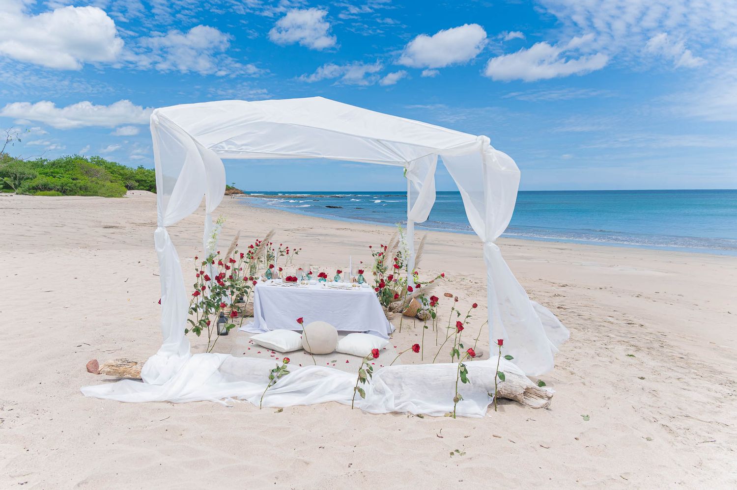 White draped beach canopy with rose floral decor and white cushions on sandy shore under blue sky.