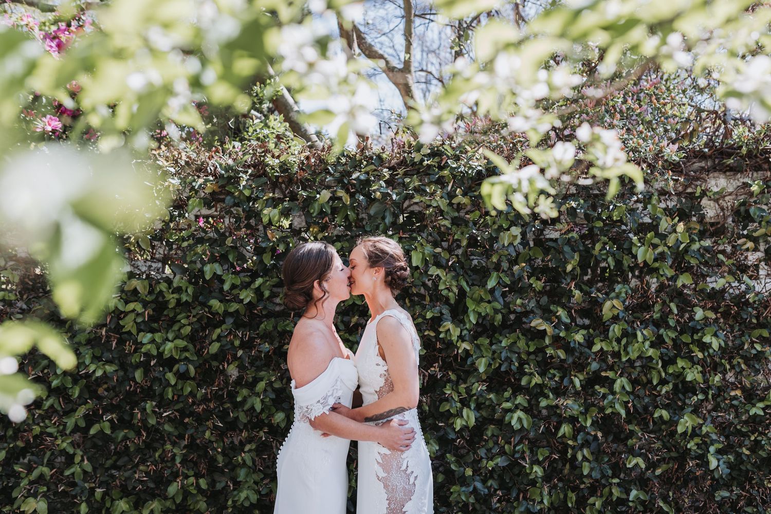 Two brides share a romantic kiss in front of a lush green ivy-covered wall outdoors.