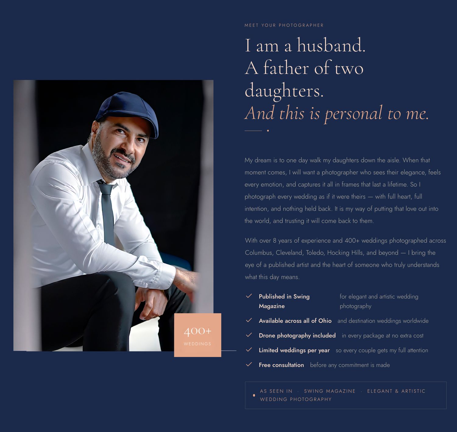 Professional wedding photographer in suit poses confidently beside personal branding website text about family values.