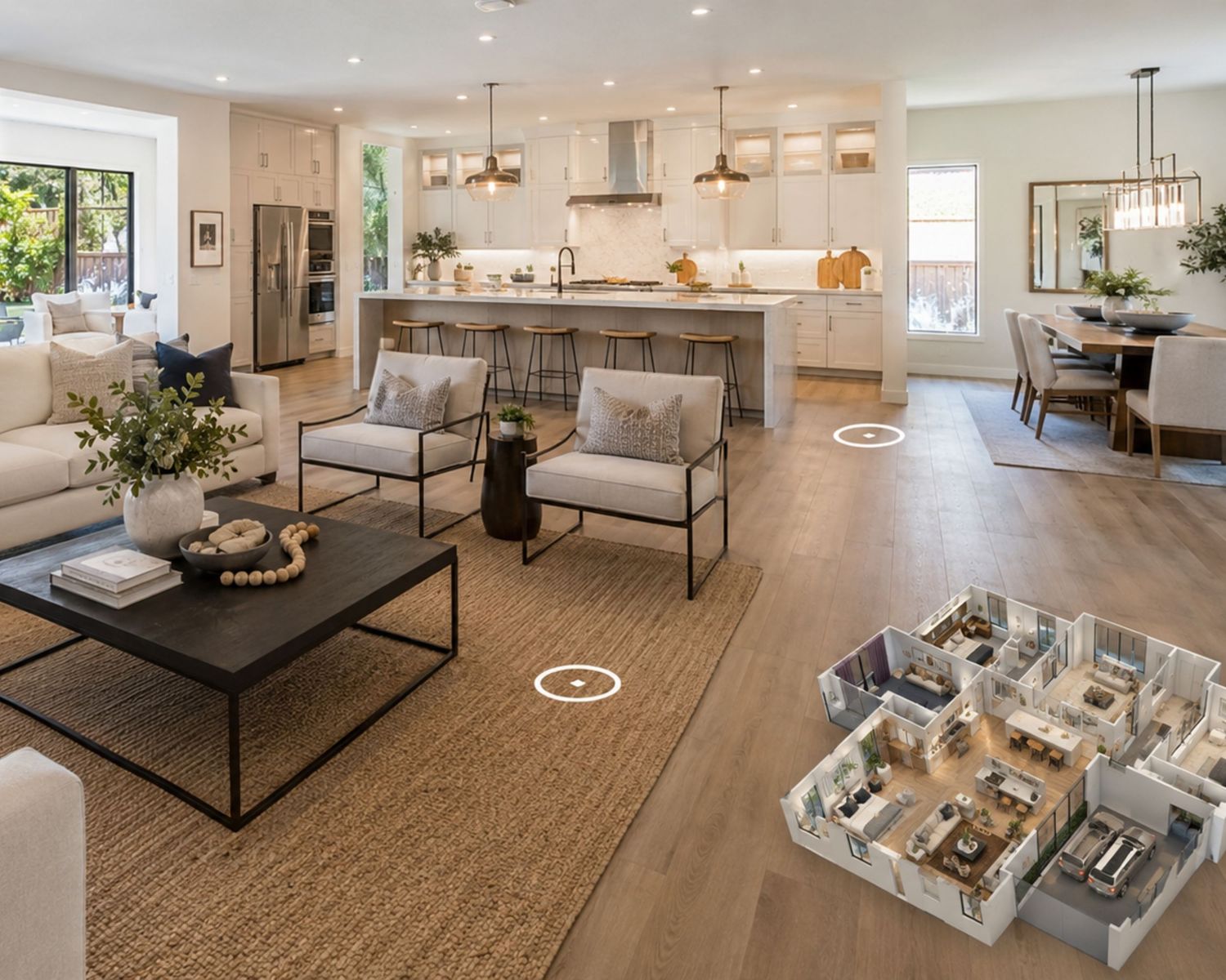 Open-concept living room, kitchen, and dining area with white cabinets, hardwood floors, and an inset floor plan overlay.