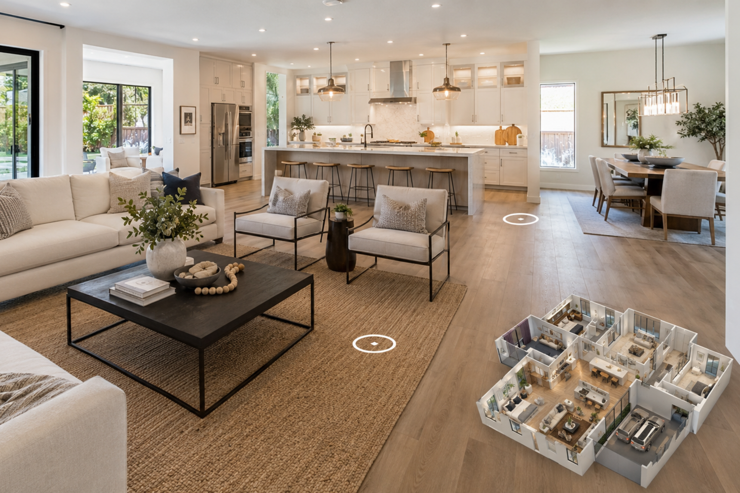 Open-concept living room, kitchen, and dining area with white cabinets, hardwood floors, and an inset floor plan overlay.