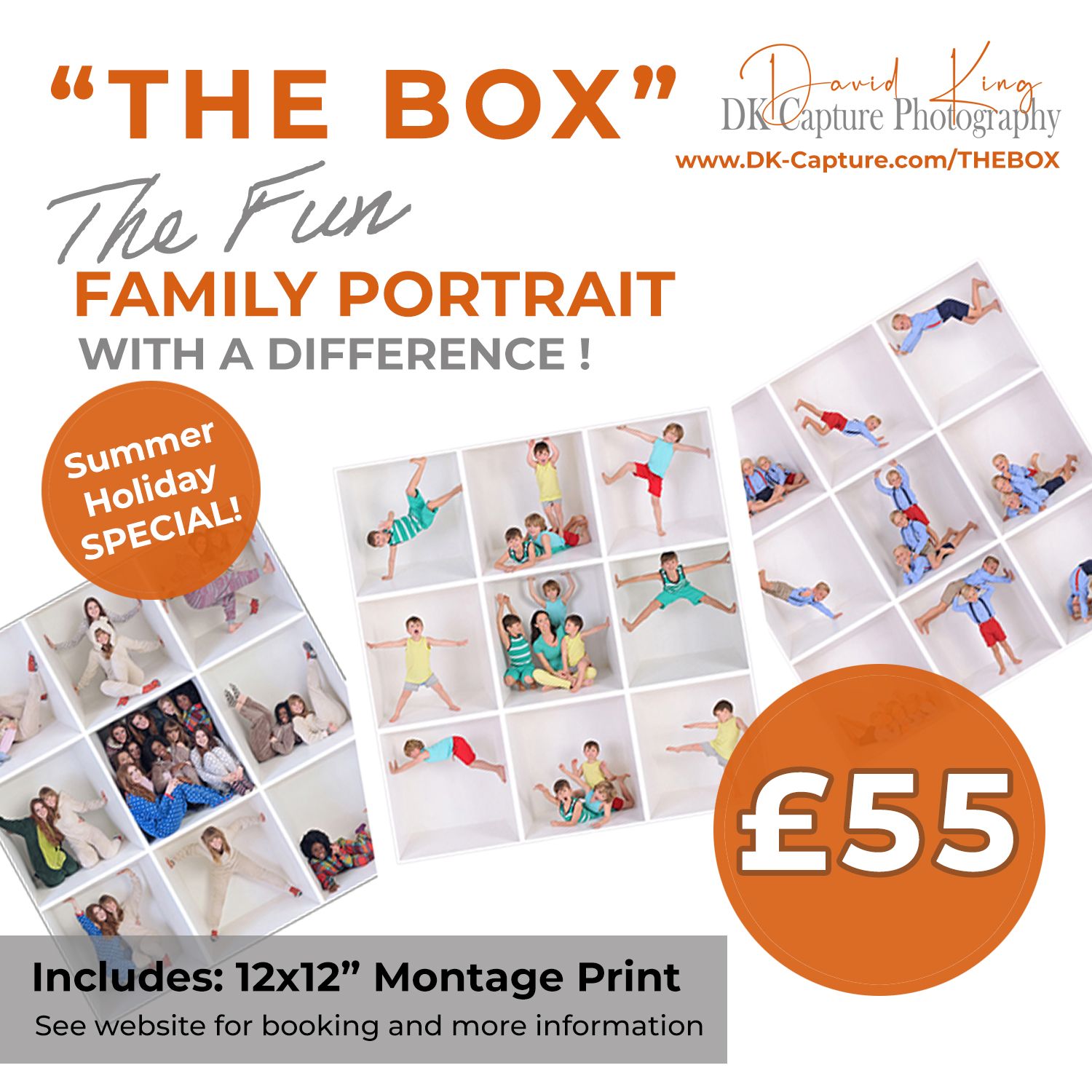 Promotional flyer for DK Capture Photography family portrait package called The Box, priced at £55, featuring a 12x12 montage print.