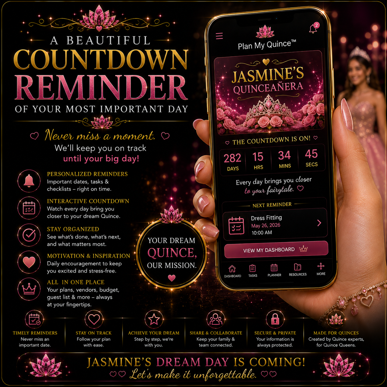 Personalized Quince planning dashboard powered by Fotolilly Photography and the World's Largest FREE Quinceañera Online Resource today.