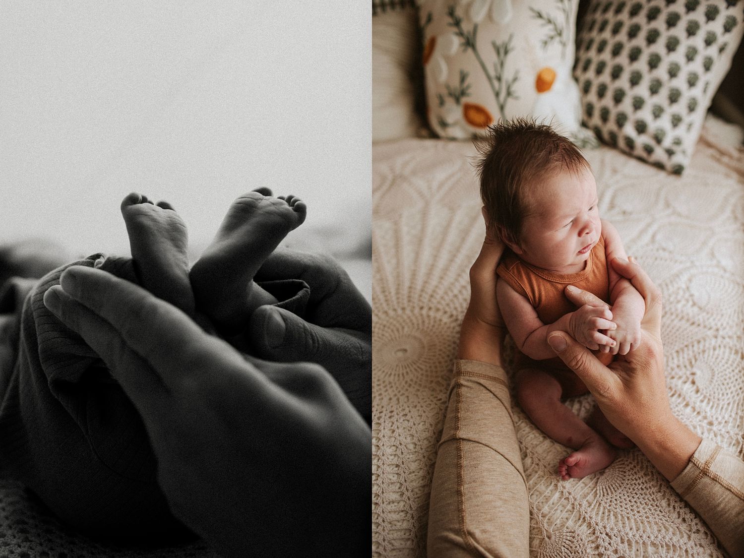 Black and white newborn feet closeup beside color photo of peaceful baby in orange onesie on cream knit blanket.