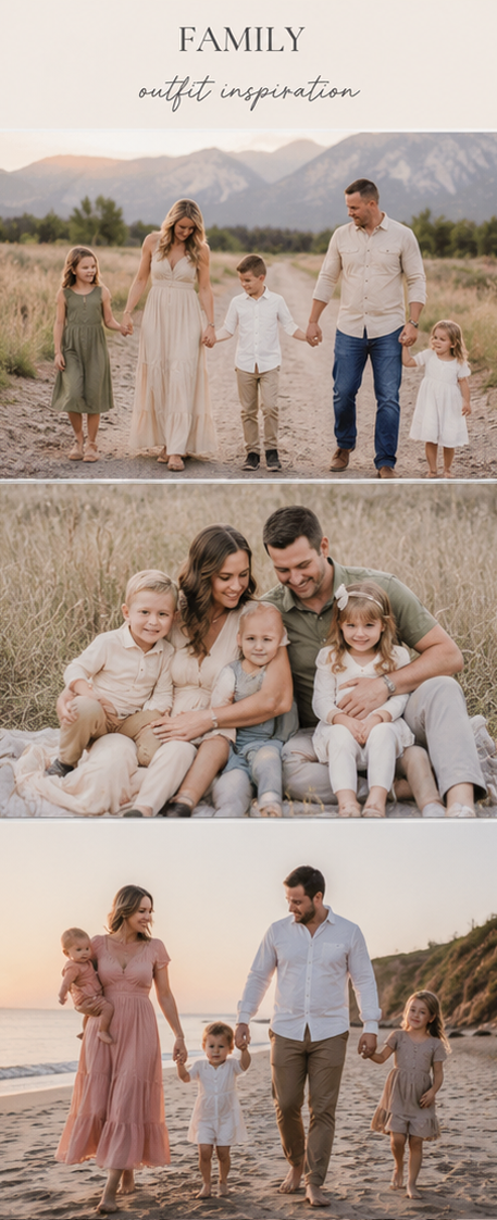 Family outfit inspiration collage featuring coordinated neutral and earth-tone looks for outdoor photo sessions.