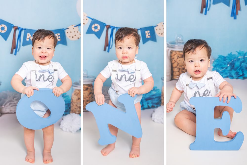 Little Boy holding letters ONE to create a collage image for his 1st Birthday