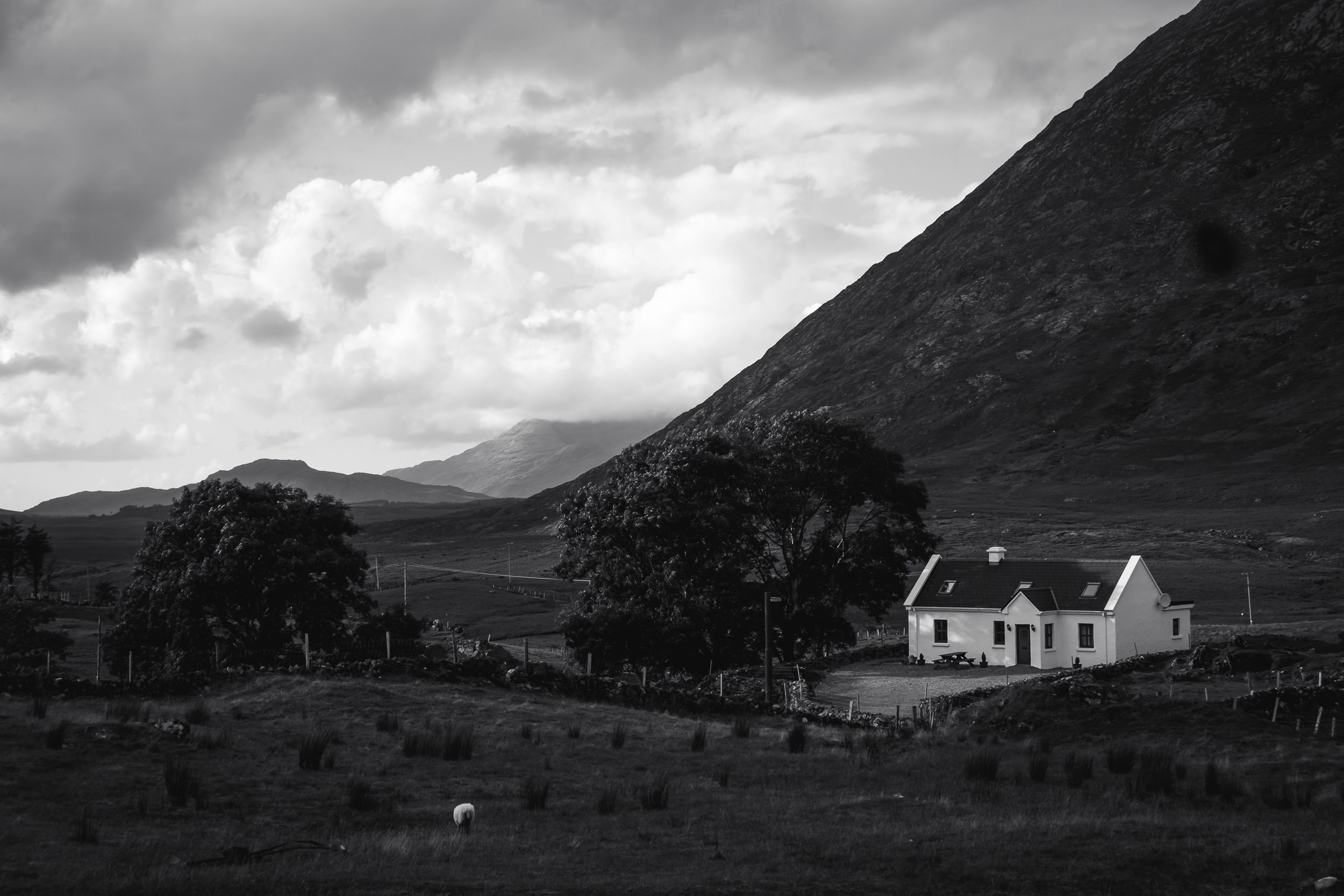 Tipico cottage bianco ai piedi delle montagne in Connemara, paesaggio rurale irlandese in bianco e nero