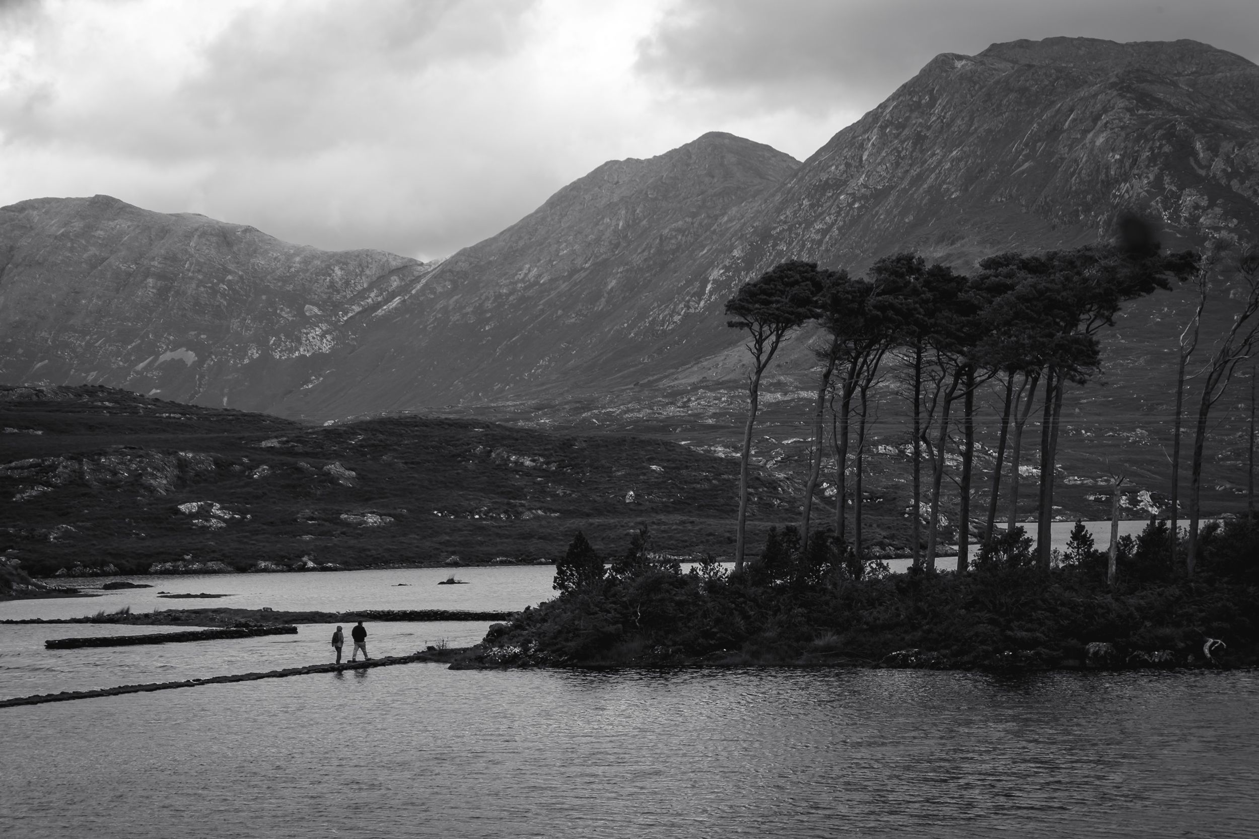 Pine Island a Derryclare Lough in bianco e nero, silouette di pini, passarella sul lago e Twelve Be