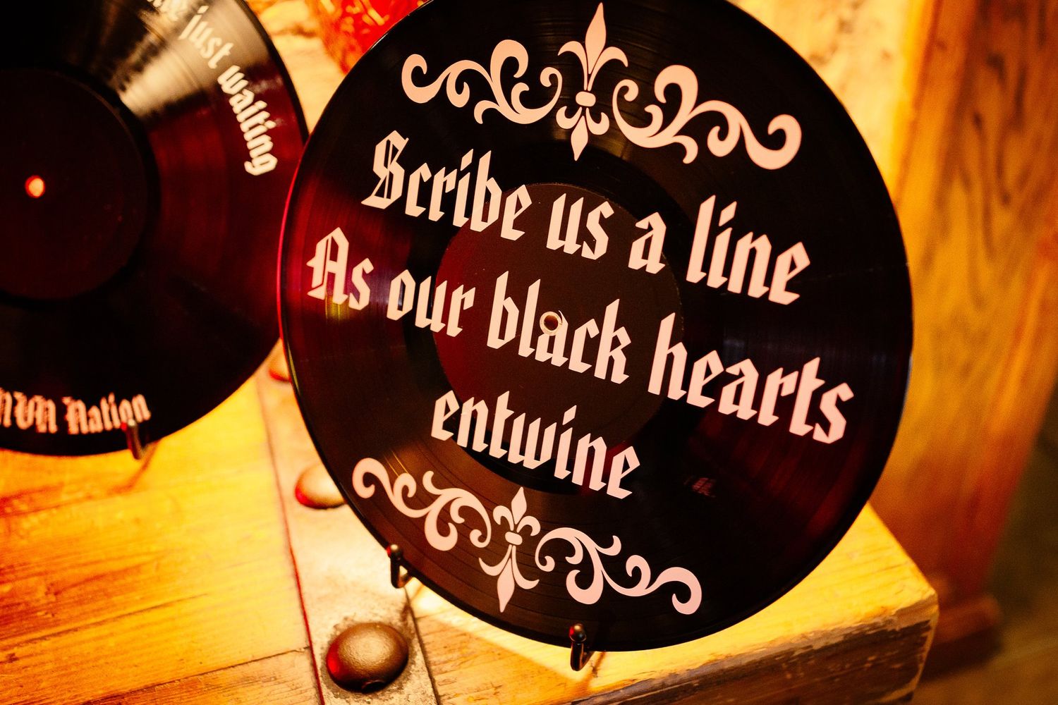 Vinyl record guest book reading Scribe us a line as our black hearts entwine by mydarlingdeath