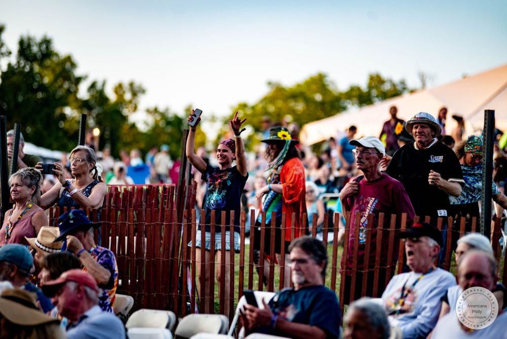 Crowd of enthusiastic fans cheering at an outdoor music festival on a sunny evening.