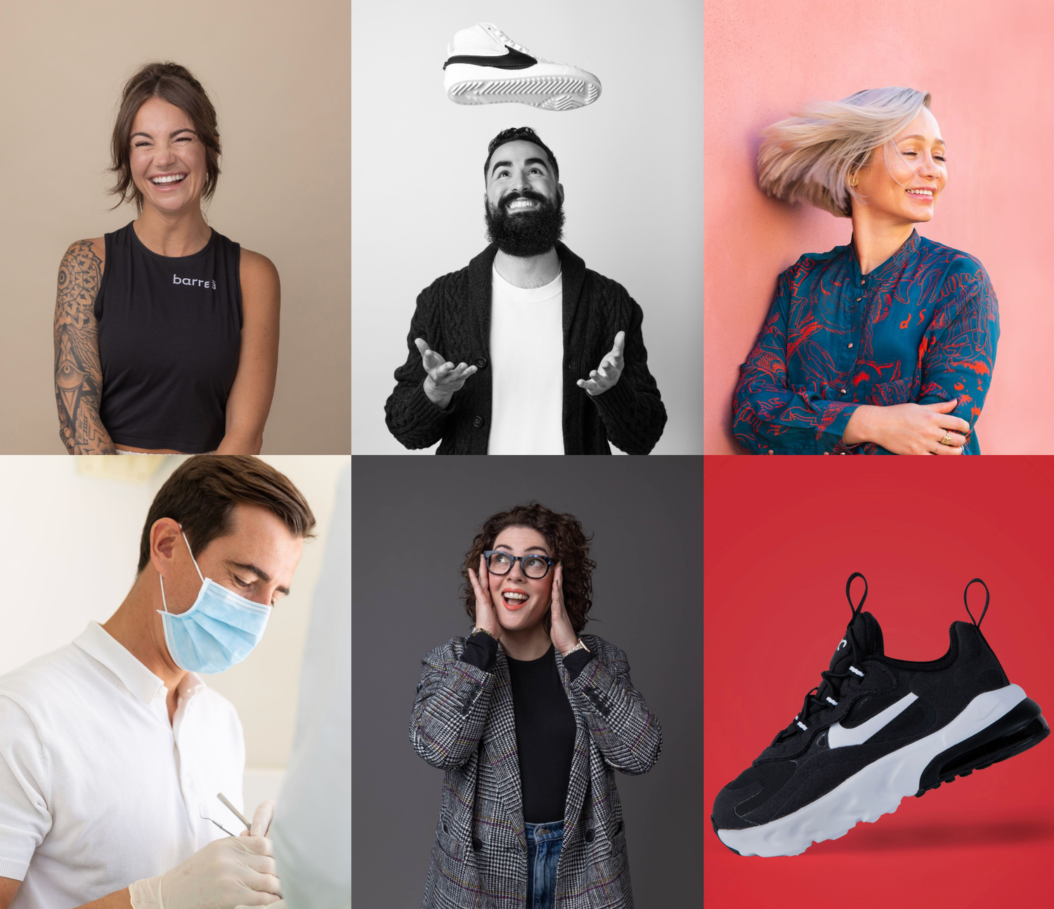 Collage of six diverse people including a tattooed woman, bearded man, colorful woman, masked dentist, surprised girl, and a sneaker.