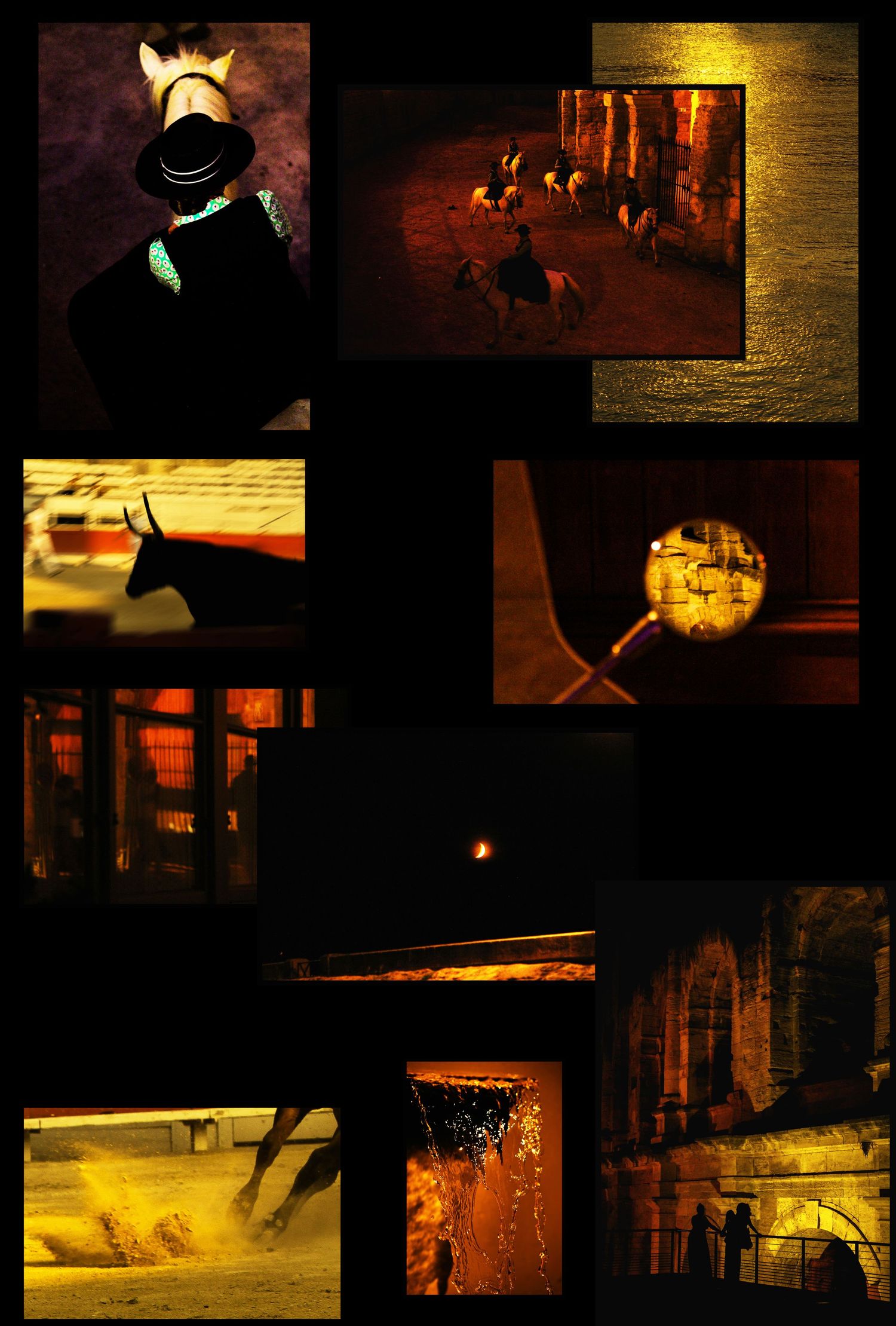 A dramatic collage of dark, golden-hued bullfighting scenes featuring a matador, bull, and arena under moody lighting.