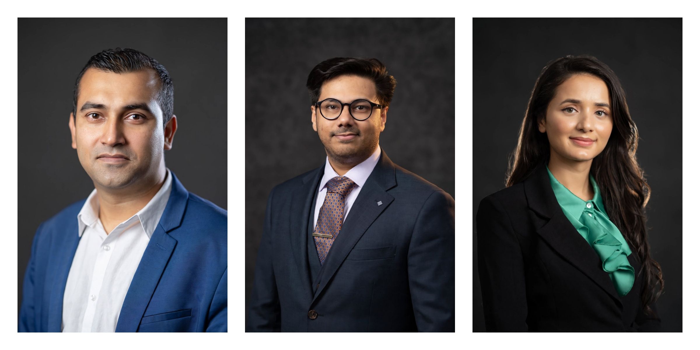 Three professional headshots of two men in suits and a woman in a green blouse against dark backgrounds.