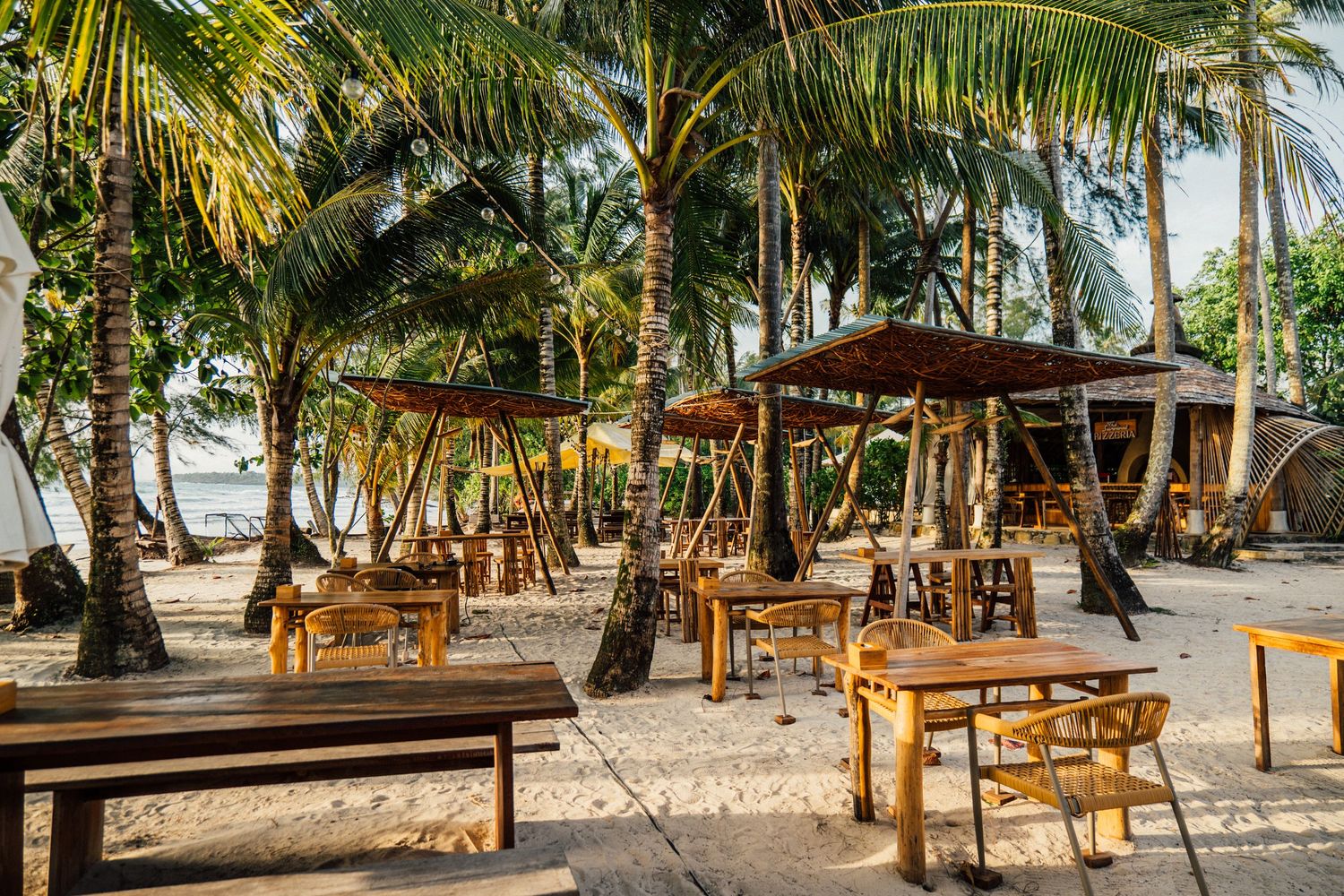 Beachside restaurant with wooden tables and chairs nestled among tropical palm trees on a sandy shore.