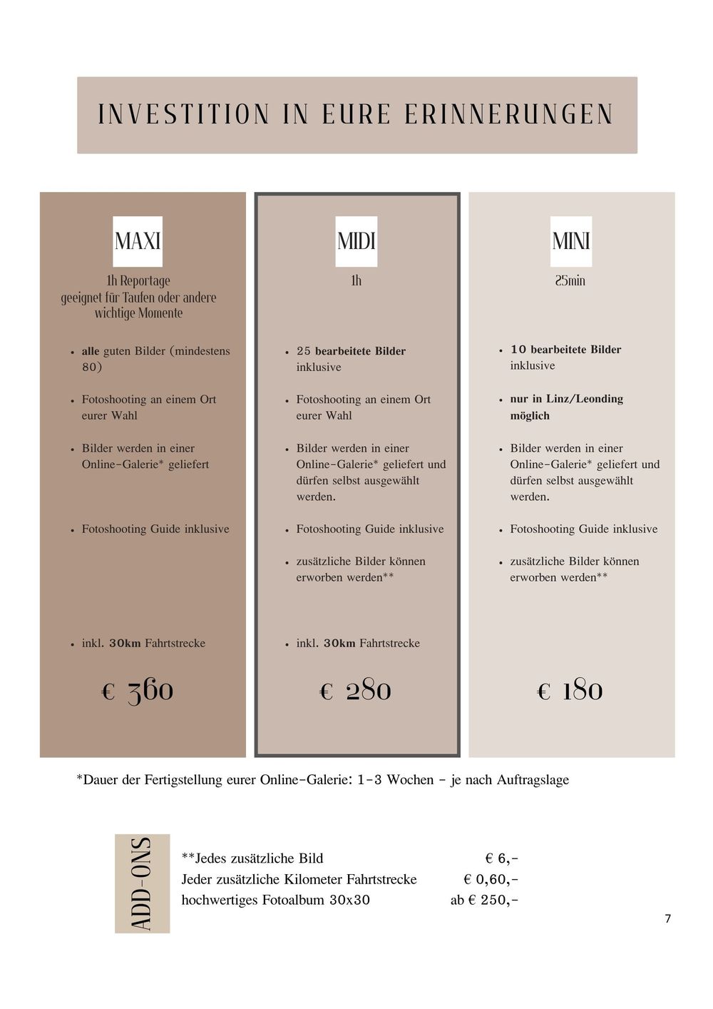 Photography pricing packages chart showing Premium, Standard, and Mini options ranging from 160 to 540 euros with included services.