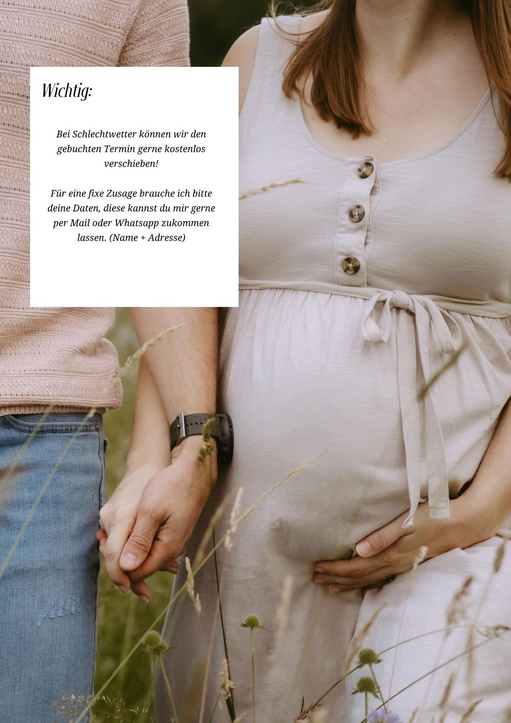 Pregnant woman in white dress holding her baby bump beside partner in casual outdoor maternity photo session.