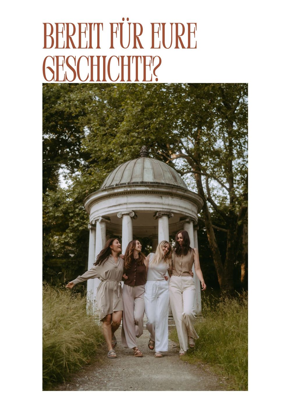 Four women walk joyfully past a white classical gazebo surrounded by lush green trees in a garden setting.