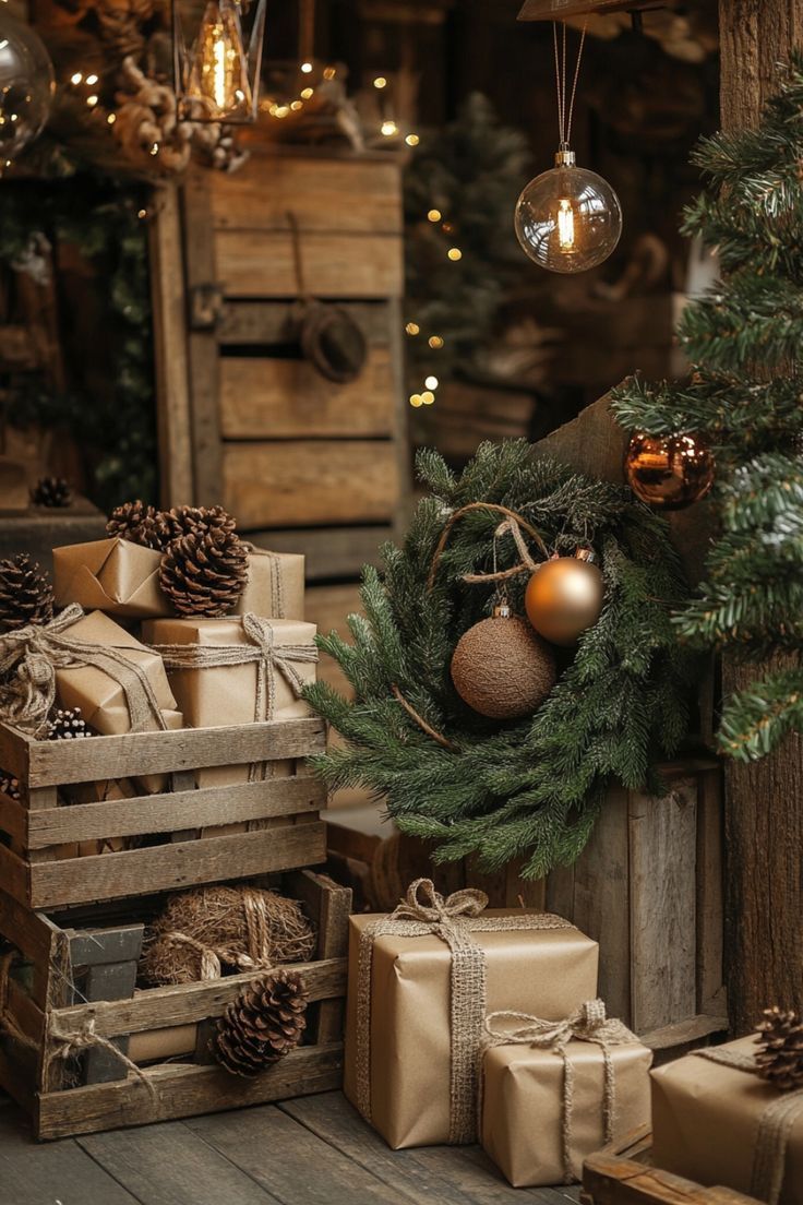 Rustic Christmas decor with kraft paper gifts, pine cones, wooden crates, and a wreath with gold ornaments.