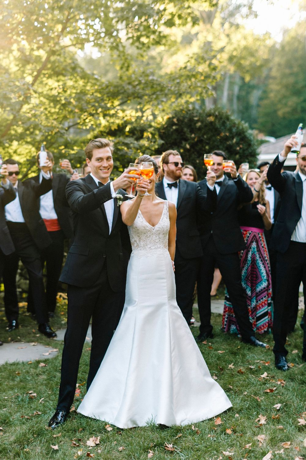 Bride and groom toast with wedding party outdoors, wearing formal attire, surrounded by guests raising glasses in celebration.