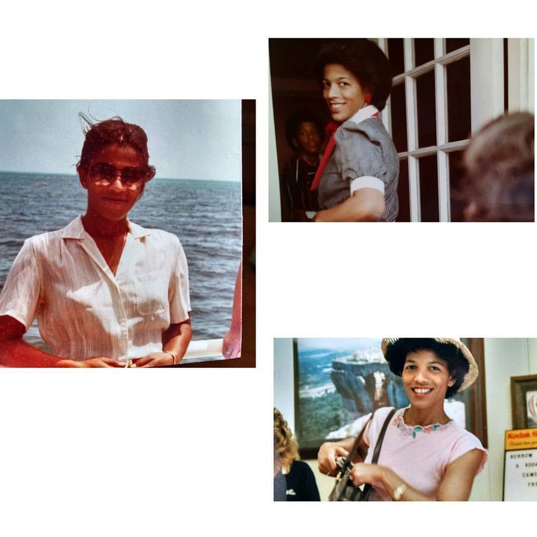 Collage of three vintage photos showing a young woman smiling outdoors, near a window, and at a scenic overlook.