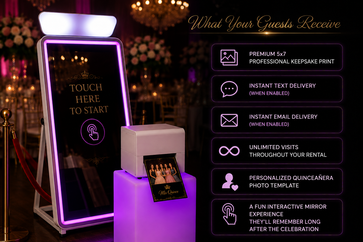 Arlington TX quinceañera Mirror Photobooth pricing: $500 for three hours, premium 5×7 prints, unlimited sessions and digital sharing DFW