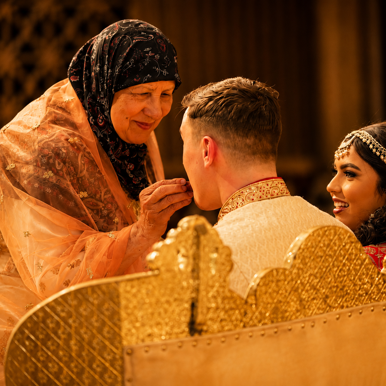 Joyful haldi ceremony with bride and groom covered in turmeric paste laughing with family outdoors.