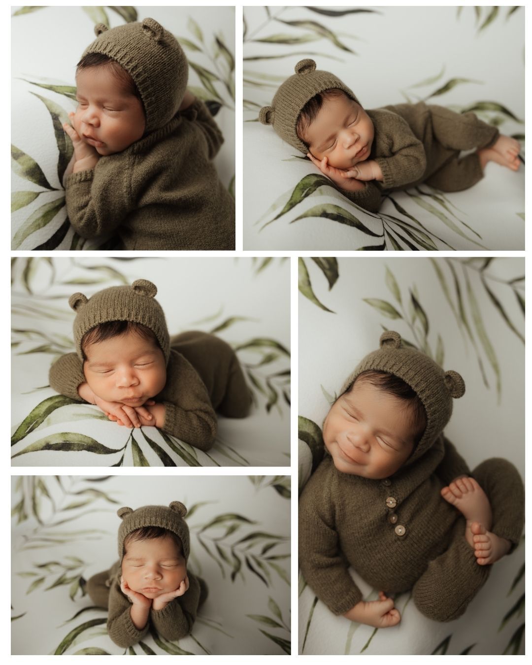 Sleeping newborn baby in olive green knit bear romper and bonnet hat, posed on white floral backdrop in photo collage.