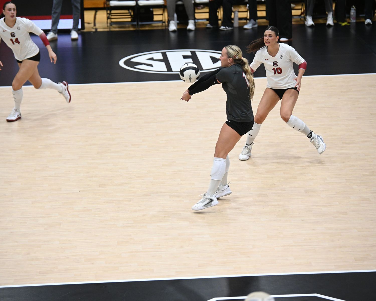Volleyball libero in a black jersey passes the ball while teammates move into position.