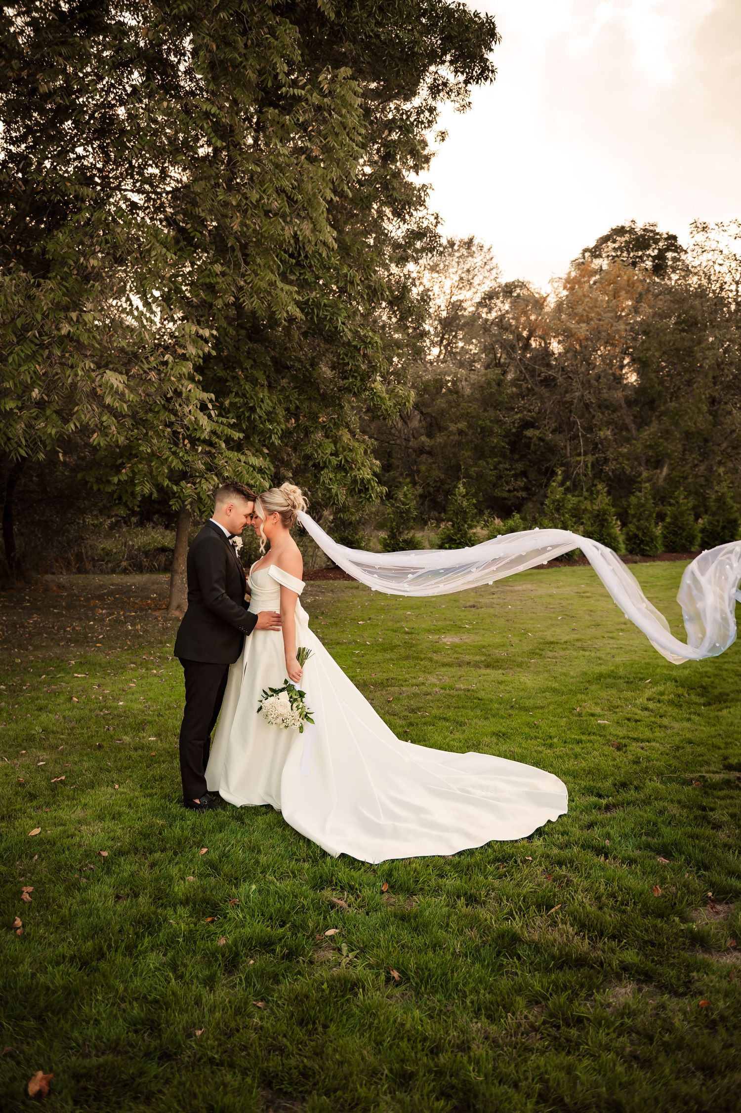 Wedding couple in elegant attire with flowing veil catching wind in green field.