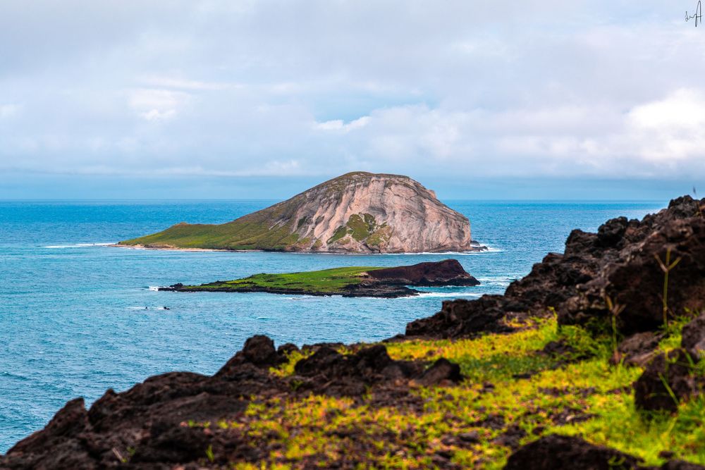 Volcanic rock coastline with view of small green island in turquoise Hawaiian waters.