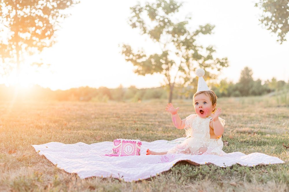 Baby girl sitting on a white blanket in a grassy field beside a pink cake during a golden-hour first birthday photo session.