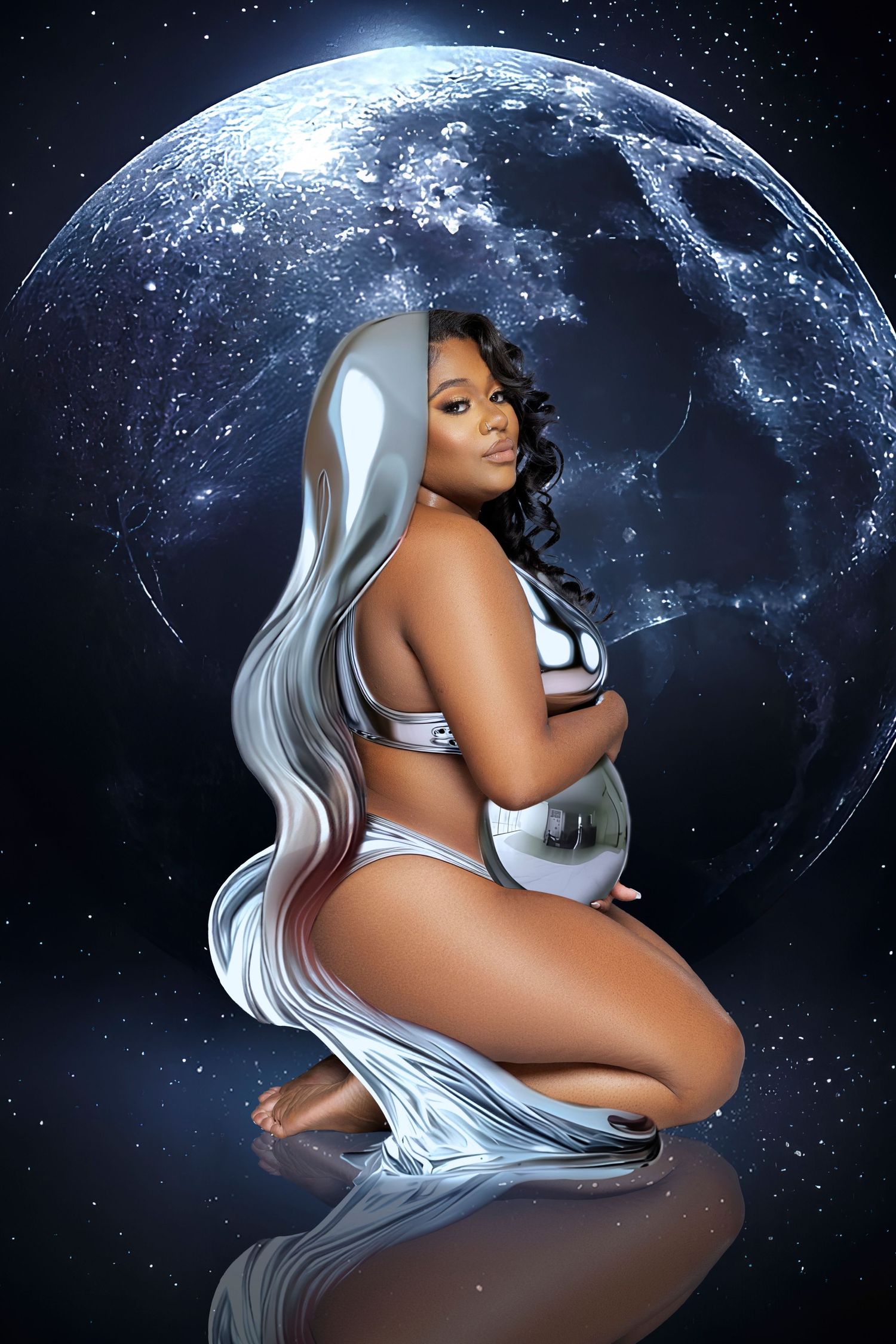Celestial maternity portrait with flowing silver fabric against moon backdrop.