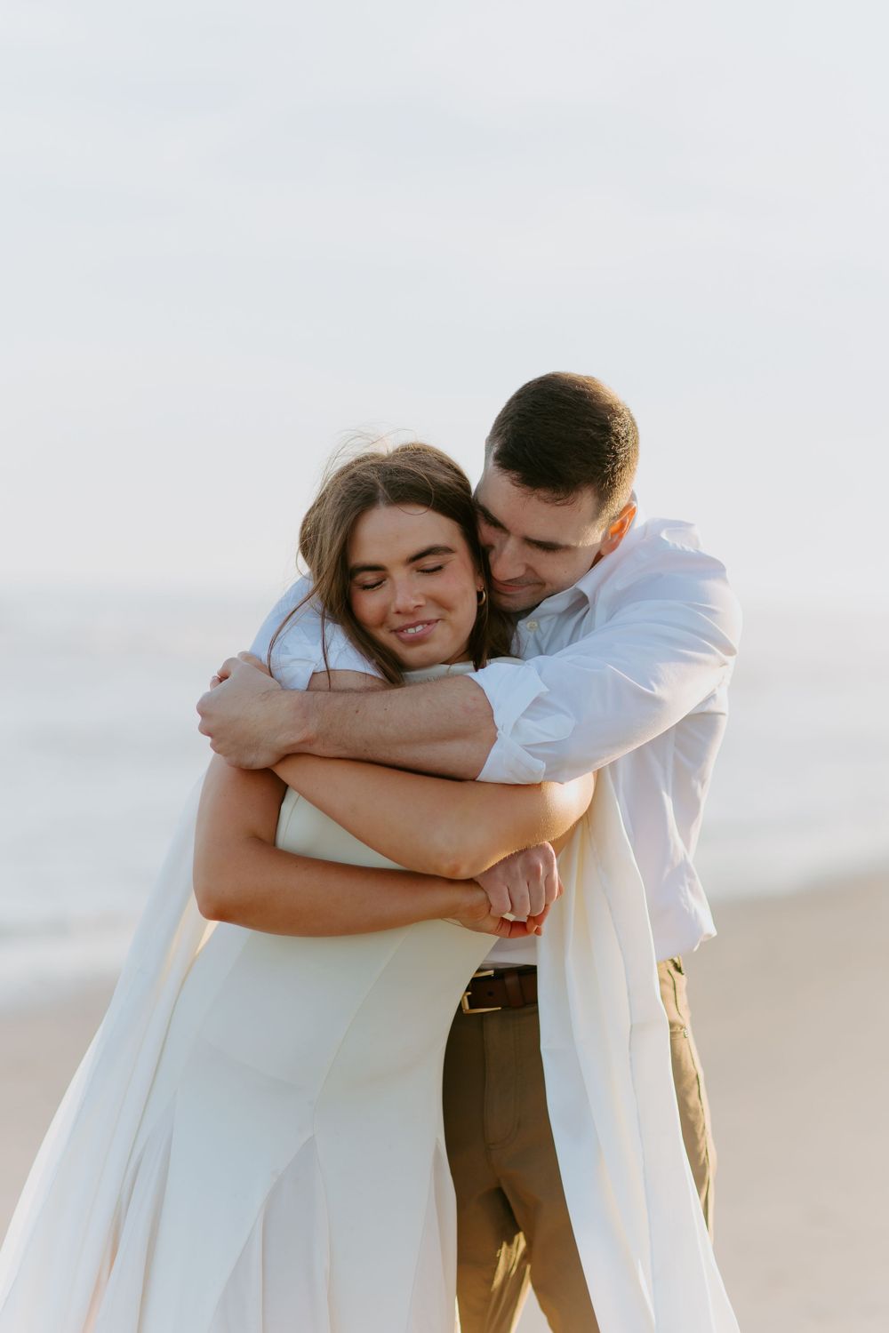 A couple shares tender embraces against a bright background in a sequence of romantic photos.