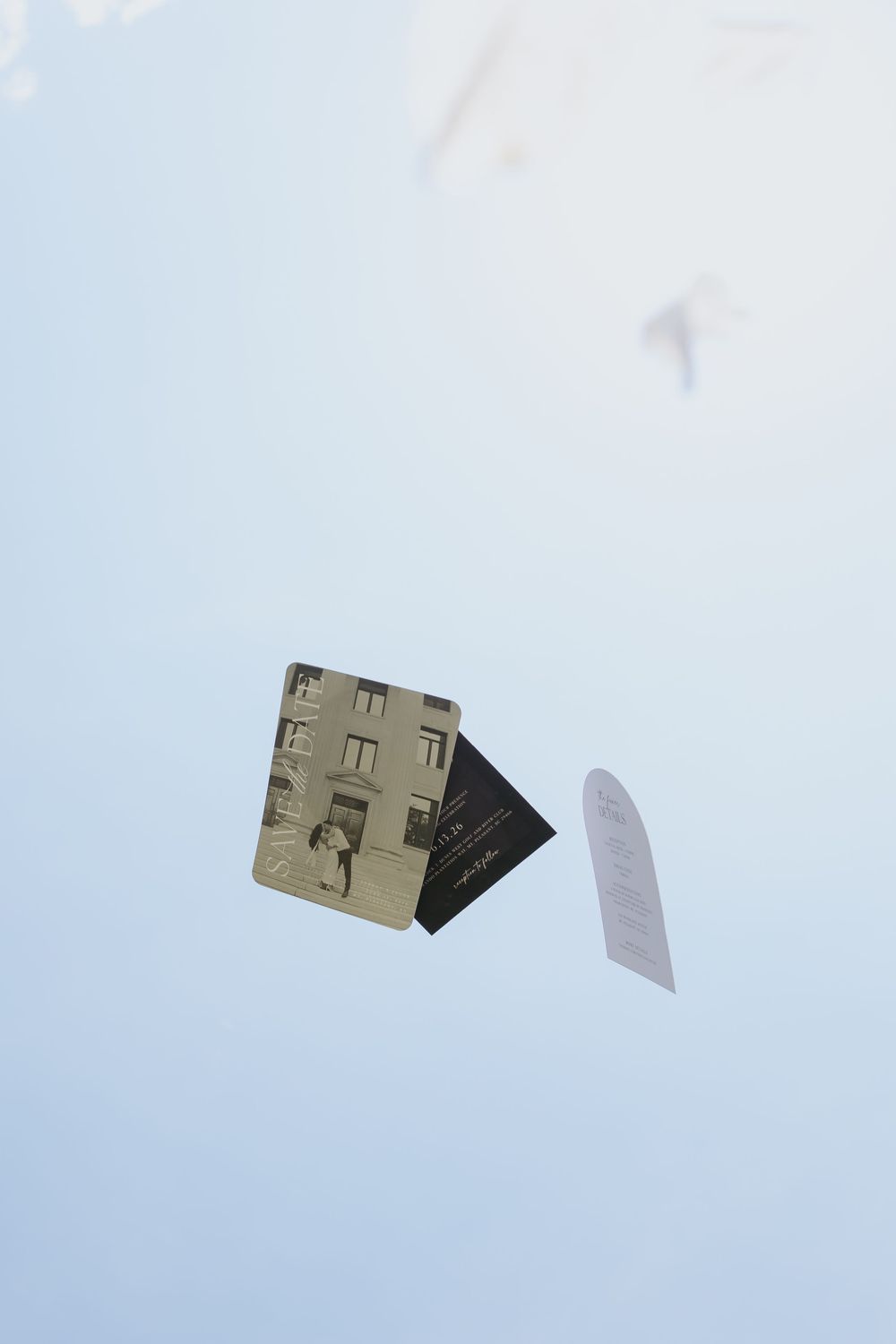Vintage photographs and a receipt floating mid-air against a light blue sky backdrop.