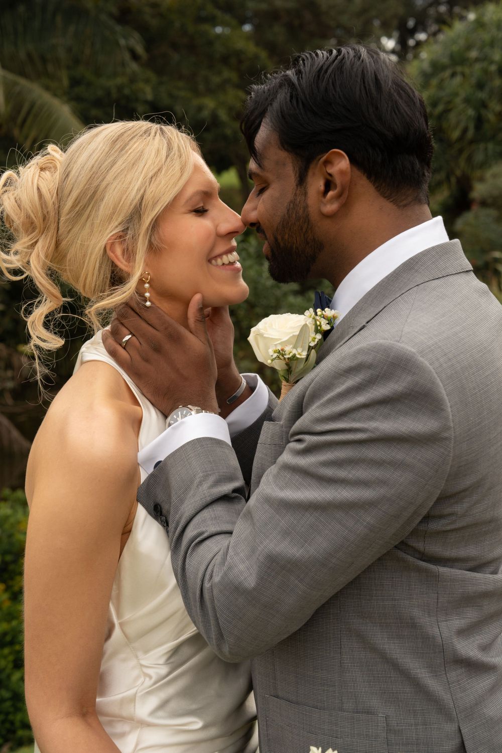 bride and groom first kiss