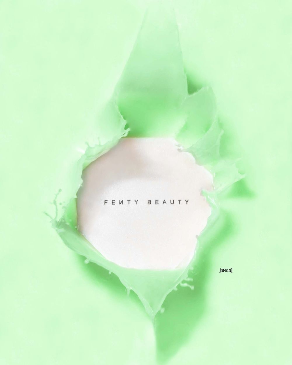 Fenty Beauty logo revealed through torn mint green paper, minimalist product announcement.