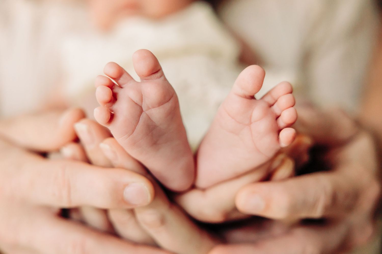 Close up of tiny baby feet being held in gentle hands.